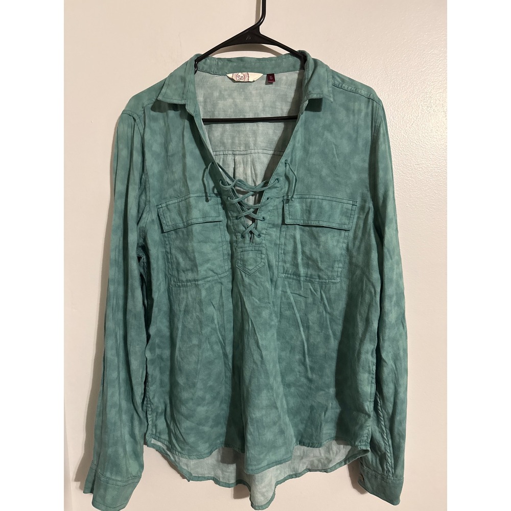 SO Authentic Heritage Teal Green Lace Up V-Neck Long Sleeve Top XL Cotton Modal